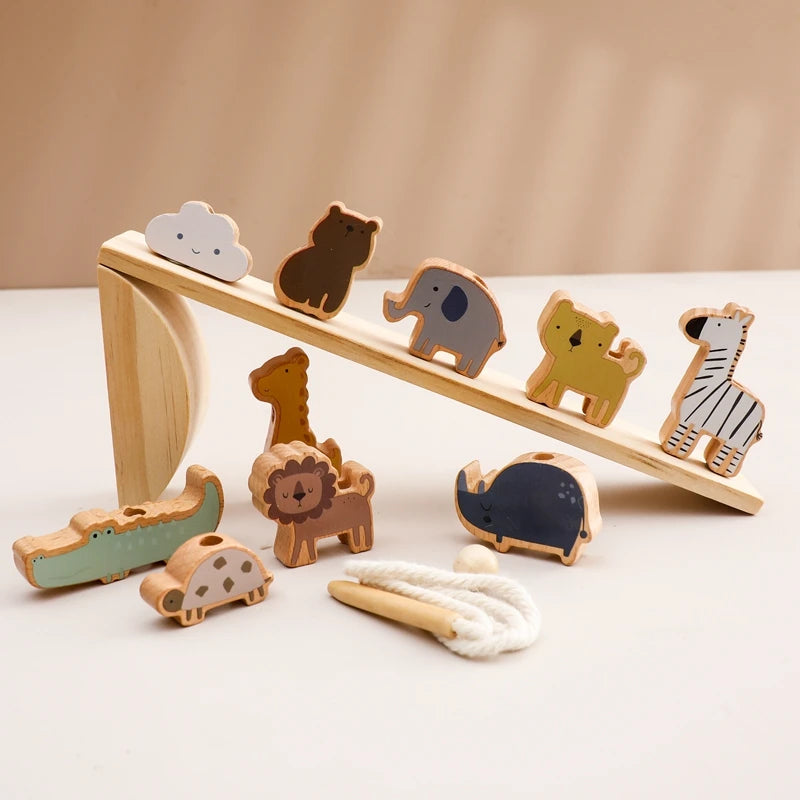 🦁 Montessori Wooden Animal Threading & Seesaw Balance Toy – Educational Sensory Play for Toddlers